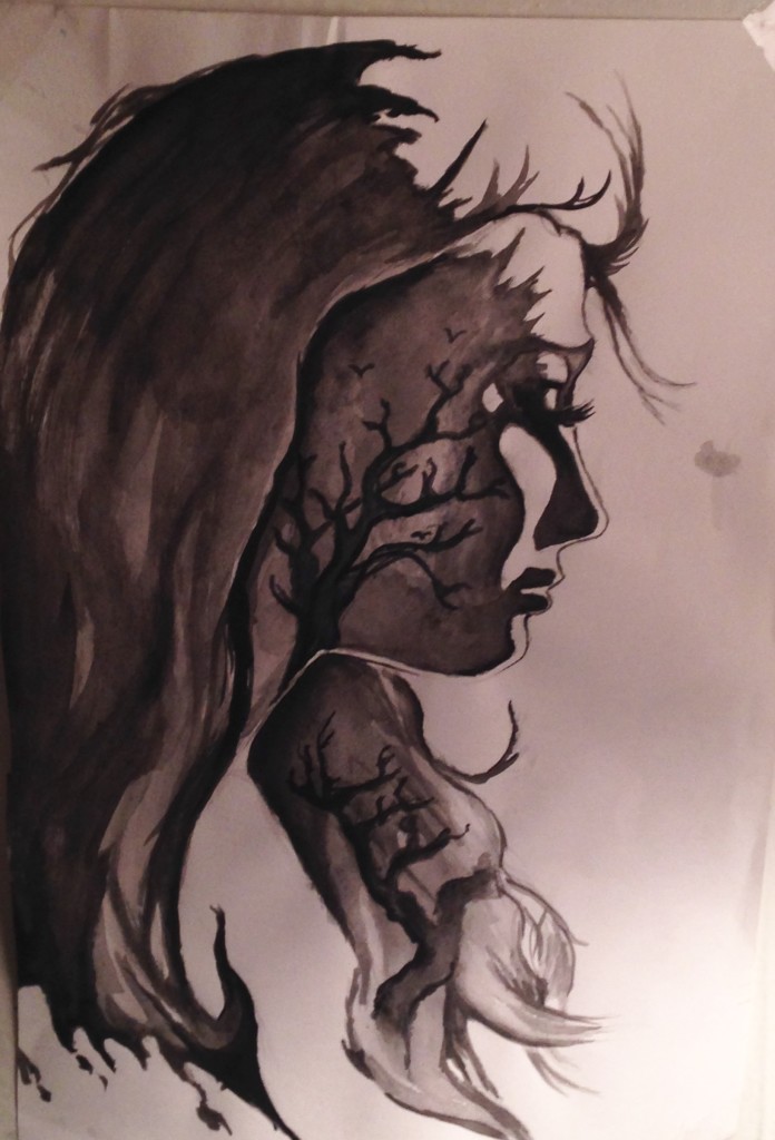 I did this one at a time when I was going through some depression that I never was brave enough to share with anyone. She's turning her face to the light, so everyone will see the facade that everything's fine. But inside, she's filled with darkness, nothing is growing, and her thoughts are scattered. I don't know. Maybe melodramatic. I still like it.