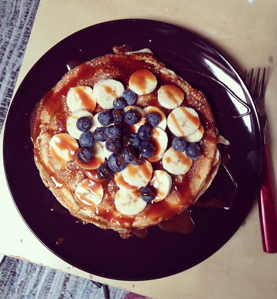 pancakes, blueberry, banana, caramel
